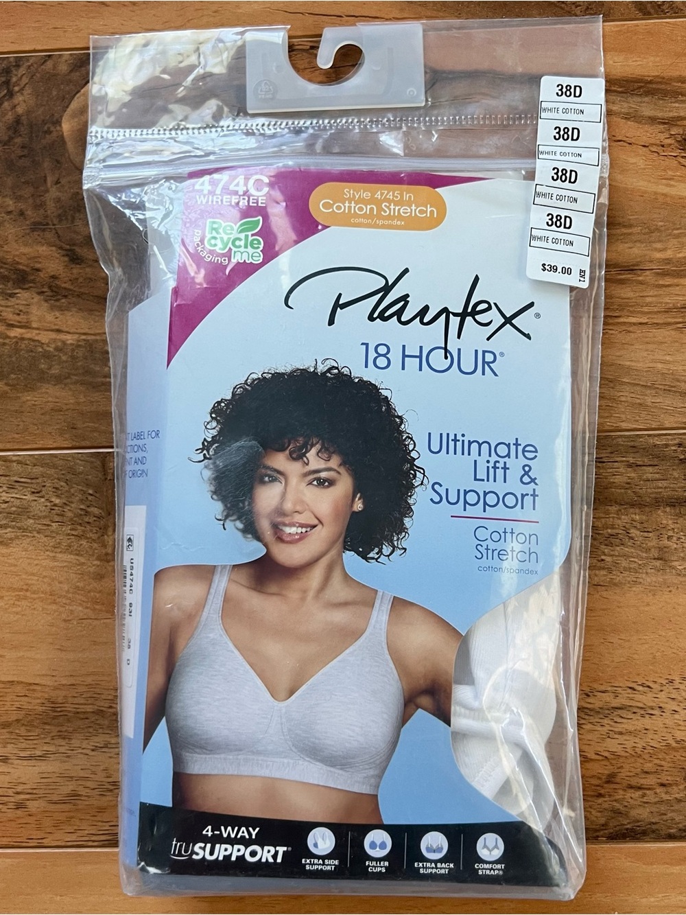 Playtex 18 Hour Ultimate Lift Support Bra 38D White Cotton Wireless NWT